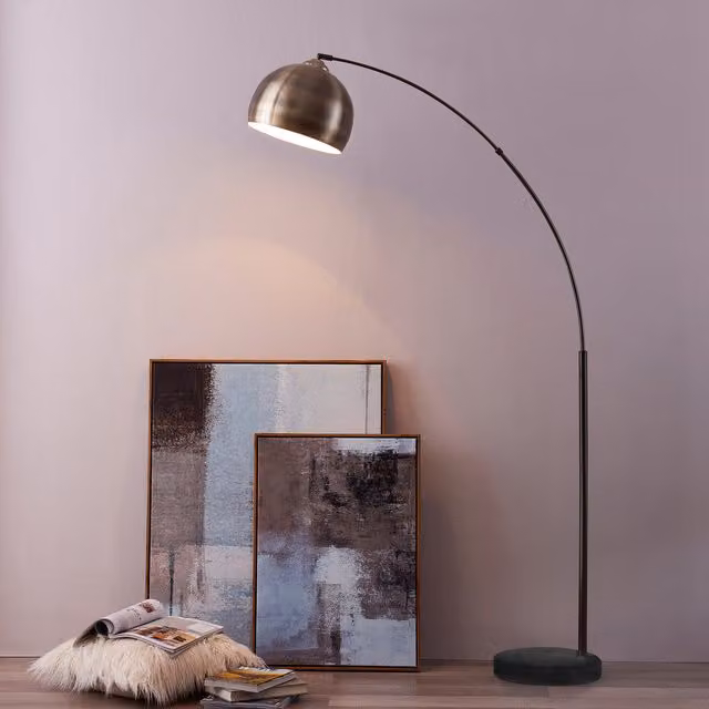 Teamson Home Modern Curved Arc Floor Lamp with Bell Shade and Marble Base in Gold/Brass – 1