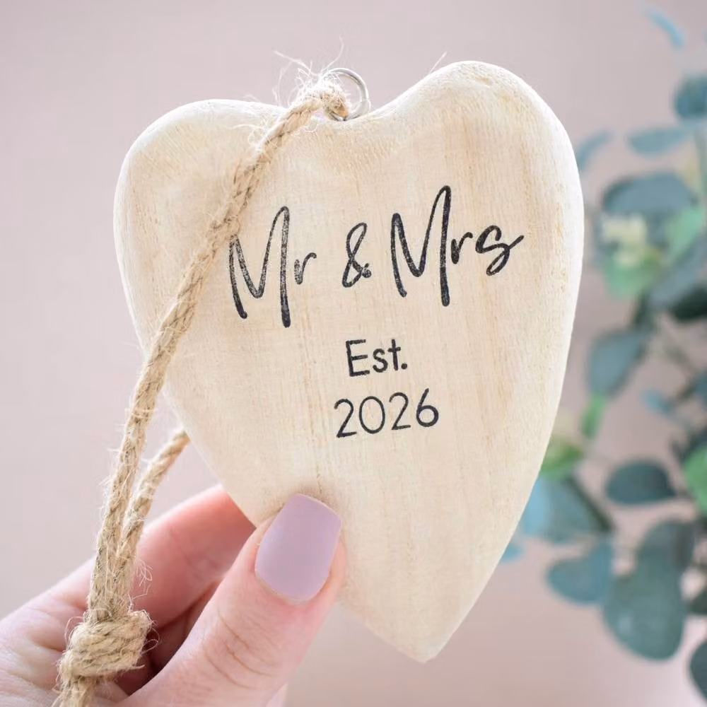 Amaya Rose Ltd Mr & Mrs Est 2026 Wooden Heart Bauble Decoration in Cream and Beige