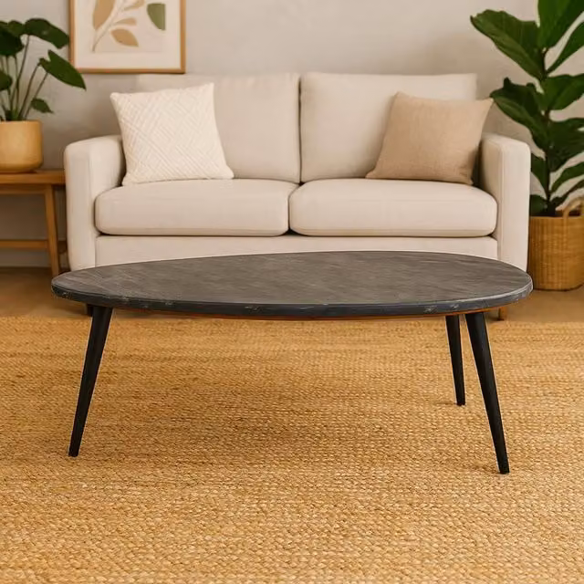 Wyld Haus Alabama Oval Black Marble Coffee Table with Black Metal Legs W/D/H: 60 x 35 x 30 cm