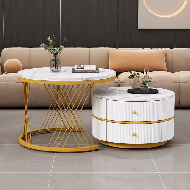 Aosom.UK 2 Piece High Gloss Round Nesting Coffee Table Set with Marble Top and Storage Drawers in Gold and White