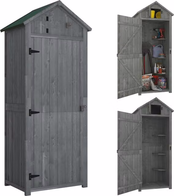 Outsunny Grey Wooden Garden Shed with Lockable Double Doors, Shelving and Window, H: 179.0 cm, W: 67.0 cm, D: 63.0 cm