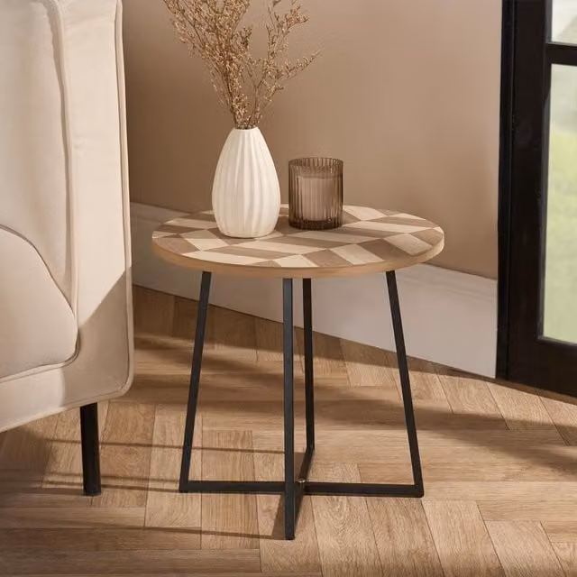 OHS Round Herringbone Wooden Side Table in Brown