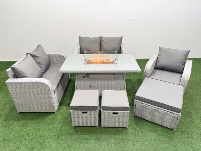 Fimous High Back Poly Rattan Garden Furniture Set in Light Grey with Reclining Chair, Loveseat Sofa, Firepit Dining Table and 3 Stools