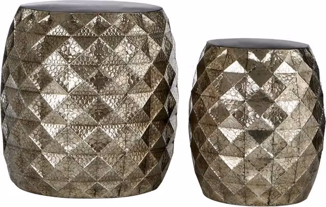 Orsina Set of 2 Vintage Hammered Drum Stools in Silver and Grey, Powder Coated Steel, W/D/H: 38 x 38 x 41 cm – 1