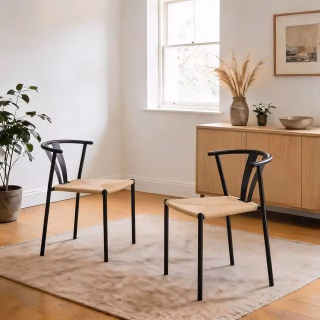 Home Source Pair of Black Metal Dining Chairs with Natural Woven Seats W/D/H: 59.5 x 45 x 72 cm