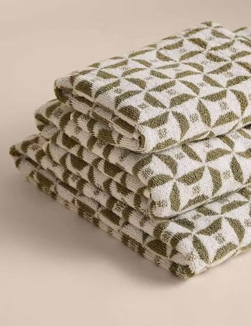 M&S Pure Cotton Geometric Tile Fern Towel in Green