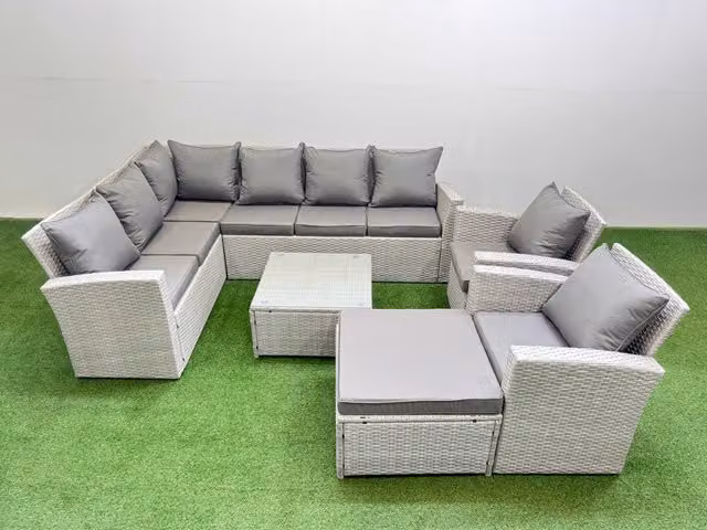 Fimous 9 Seater Corner Sofa Set with Square Coffee Table and Large Footstool in Light Grey