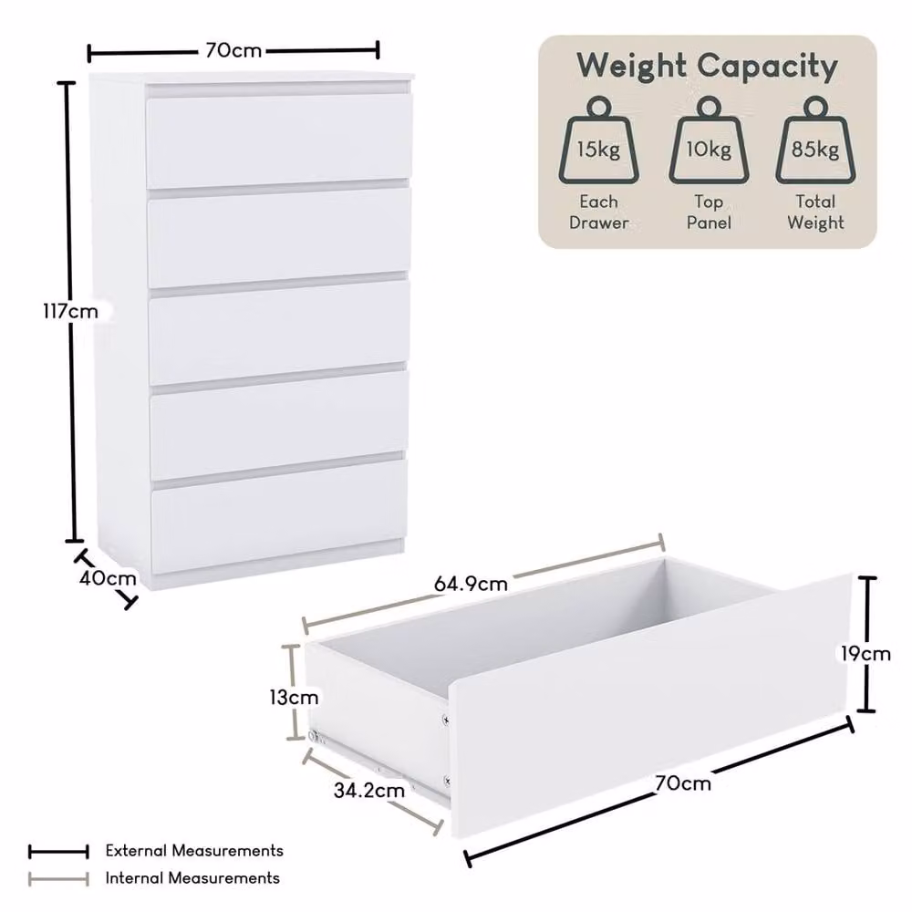PAWNORA 5 Drawer Chest of Drawers in White – 2