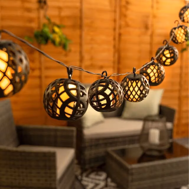 ValueLights 10pc Solar LED Flame Effect Lantern String Lights in Black with Warm White Light