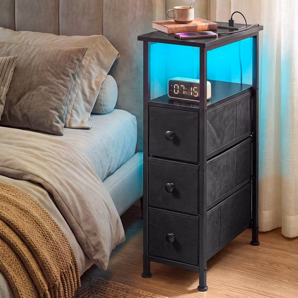 Levede Modern Black Bedside Table with Integrated LED Light and 3 Fabric Drawers – 3