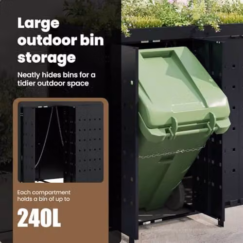 vidaXL Wheelie Bin Storage for 2 Bins, Black, W: 136 cm, D: 77.5 cm, H: 121.5 cm – 6