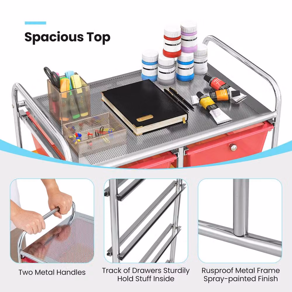 Costway 10 Drawer Mobile Storage Trolley with Castors, Multicolour Metal Utility Cart for Home, Office or Kitchen – 3