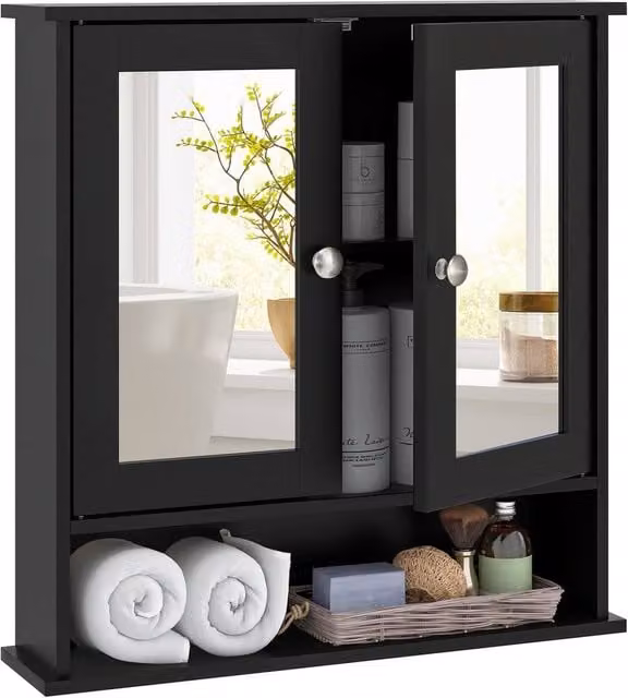 Costway Black Wooden Wall Mounted Bathroom Medicine Cabinet with Mirror and Two Hinged Doors