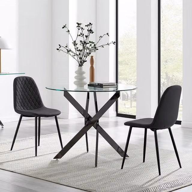 FurnitureboxUK Novara Round Glass Kitchen Dining Table and 2 Corona Chairs in Black