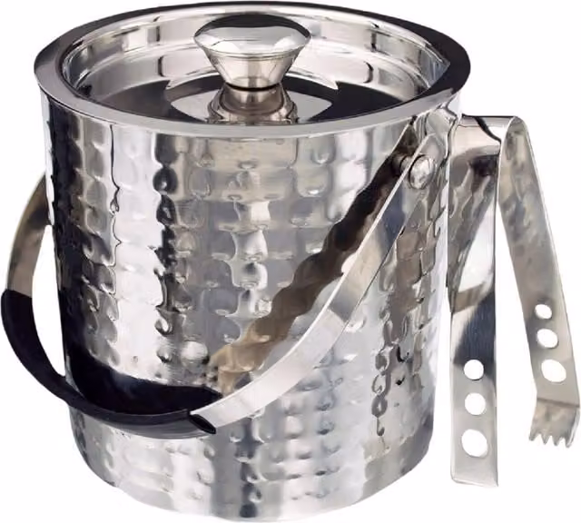 Buckingham Stainless Steel Double-Walled Ice Bucket with Lid and Tongs, Hammered Effect, Silver, 2.3 l