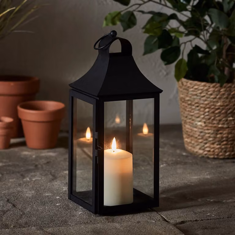 Albury Black Metal Garden Lantern with TruGlow Pillar Candle, Height: 34 cm