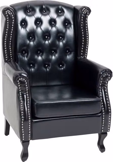 FORGEVIO Chesterfield-style Wing Back Armchair in Black Synthetic Leather with Wood Legs