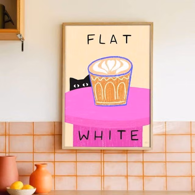 The Paper Tail Flat White Coffee Cat Multicolour Art Print, Size: 21.0 x 29.7 cm