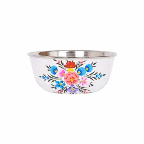 Billy Can White Floral Hand-Painted Stainless Steel Serving Bowl, Diameter: 14.5 cm – 1