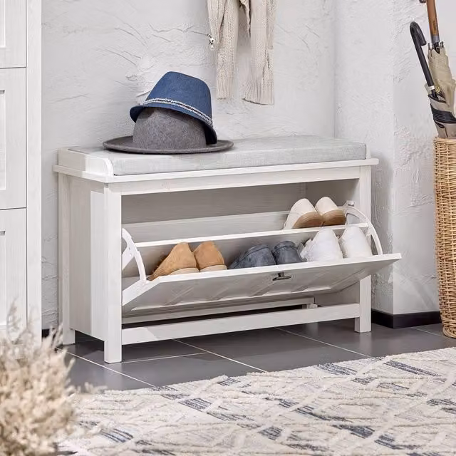 SoBuy Modern Entrance Shoe Bench with Lift-Up Storage and Padded Fabric Seat in White and Grey