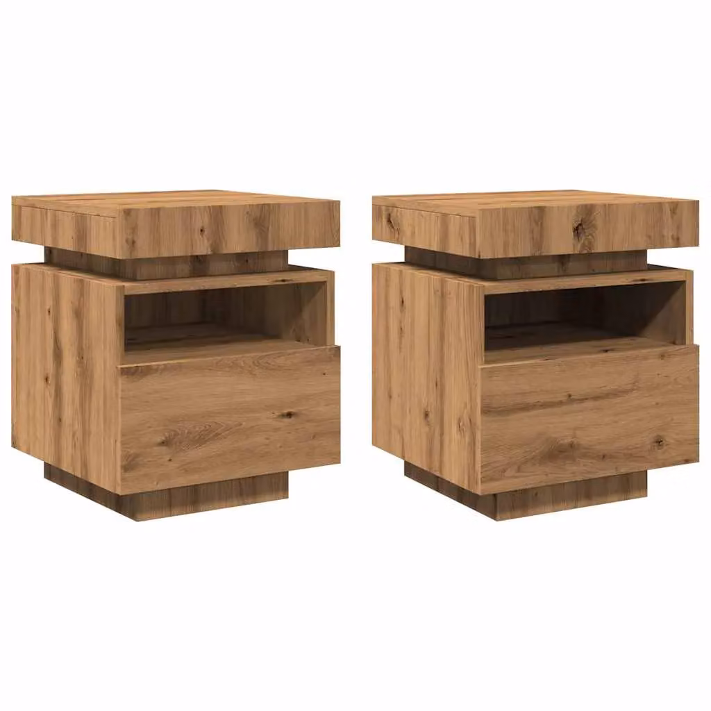 Berkfield Home Set of 2 Artisan Oak Bedside Cabinets with Integrated LED Lights in Brown, W/D/H: 40 x 39 x 48.5 cm – 3
