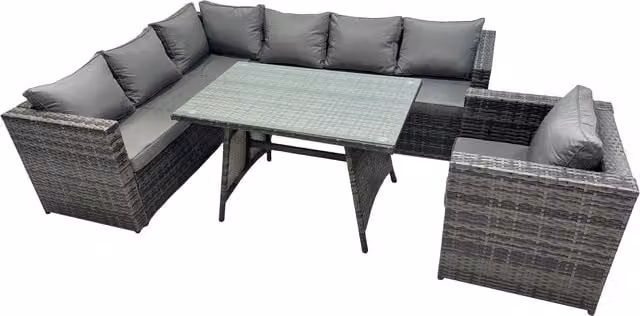 Fimous 7-Seater PE Rattan Outdoor Sofa and Dining Set in Dark Grey Mixed