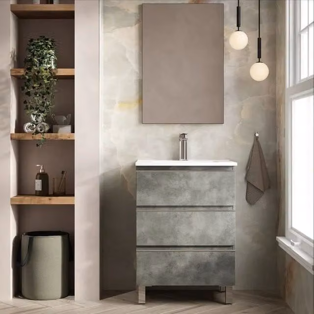 Banyetti Vatilla 600mm Floorstanding Vanity Unit with Lira Basin, Cemento Grey, W: 60.0 cm, D: 45.0 cm, H: 84.0 cm