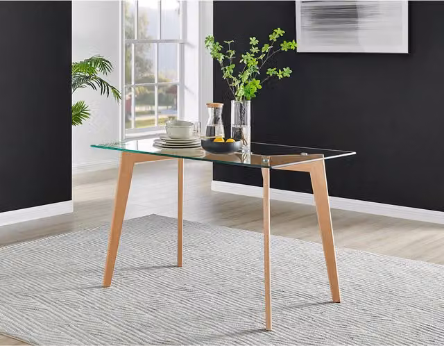 FurnitureboxUK Malmo Scandinavian Rectangular Dining Table with Glass Top and Beech Wood Base, W/D/H: 120 x 120 x 75 cm