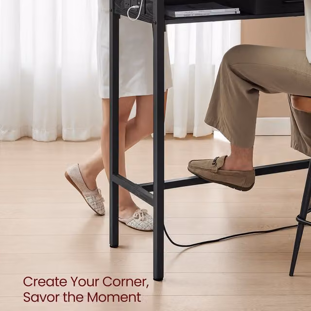 VASAGLE Modern Black Bar Table with Charging Station and Storage Drawer