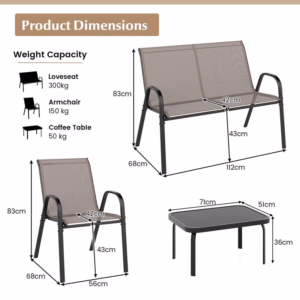 Costway 4-Piece Grey Outdoor Patio Furniture Set with Metal Frame, 2-Seater Sofa, Armchair and Coffee Table – 2
