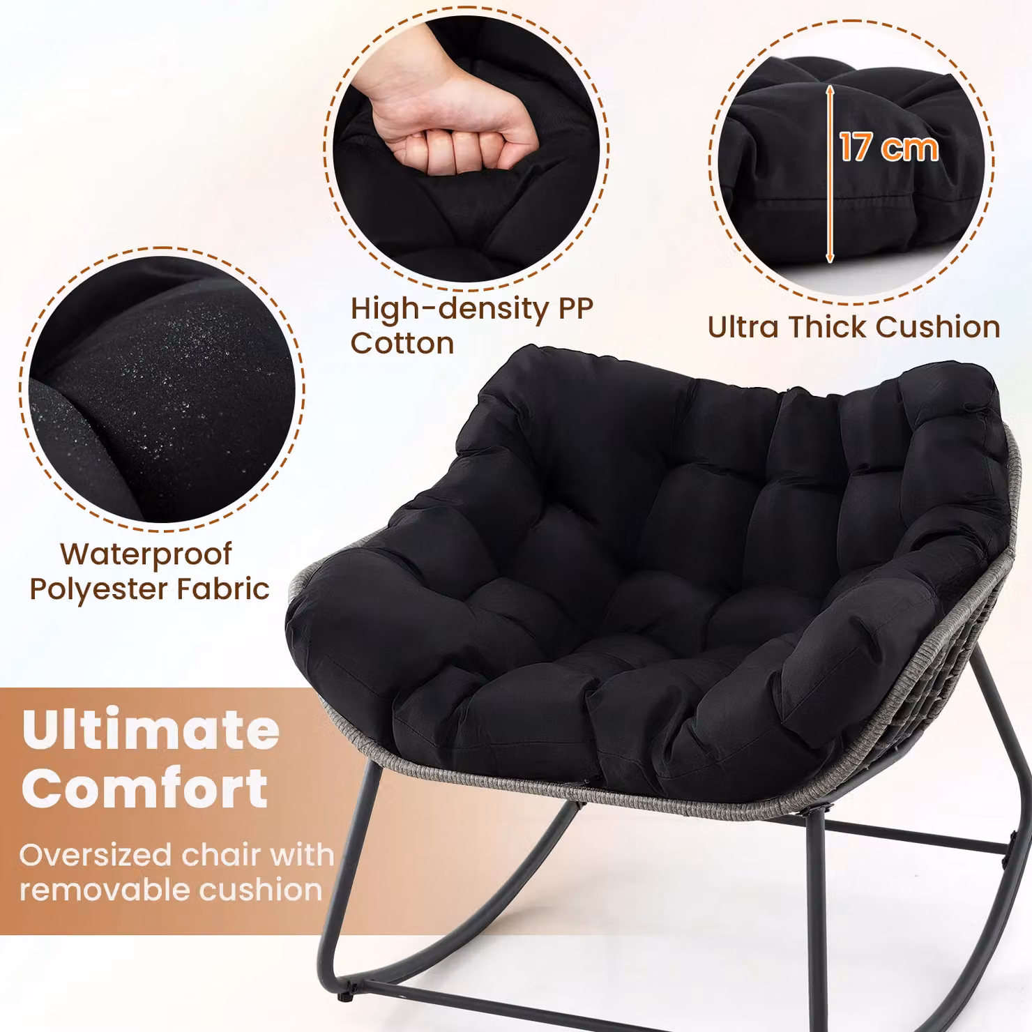 Gymax Oversized Outdoor Rocking Egg Chair with PE Wicker and Cushion in Black – 3