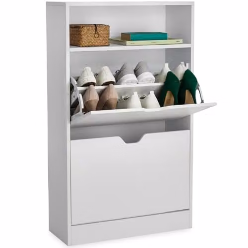 tectake Tall Shoe Storage Cabinet in White, W/D/H: 60 x 24 x 102 cm, Slim Space-Saving Design with 2 Tilting Compartments and Open Shelf for Up to 12 Pairs of Shoes