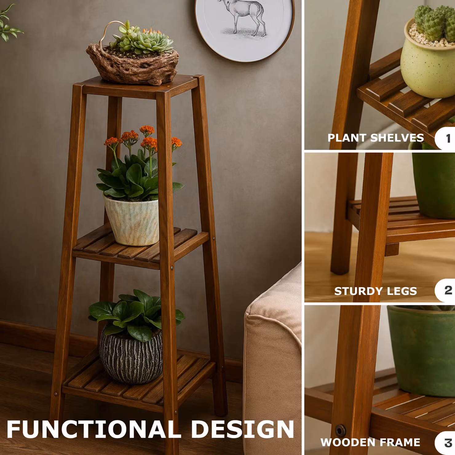 Rafaelo Mobilia 3 Tier Brown Bamboo Wooden Plant Stand for Indoor and Outdoor Use – 5