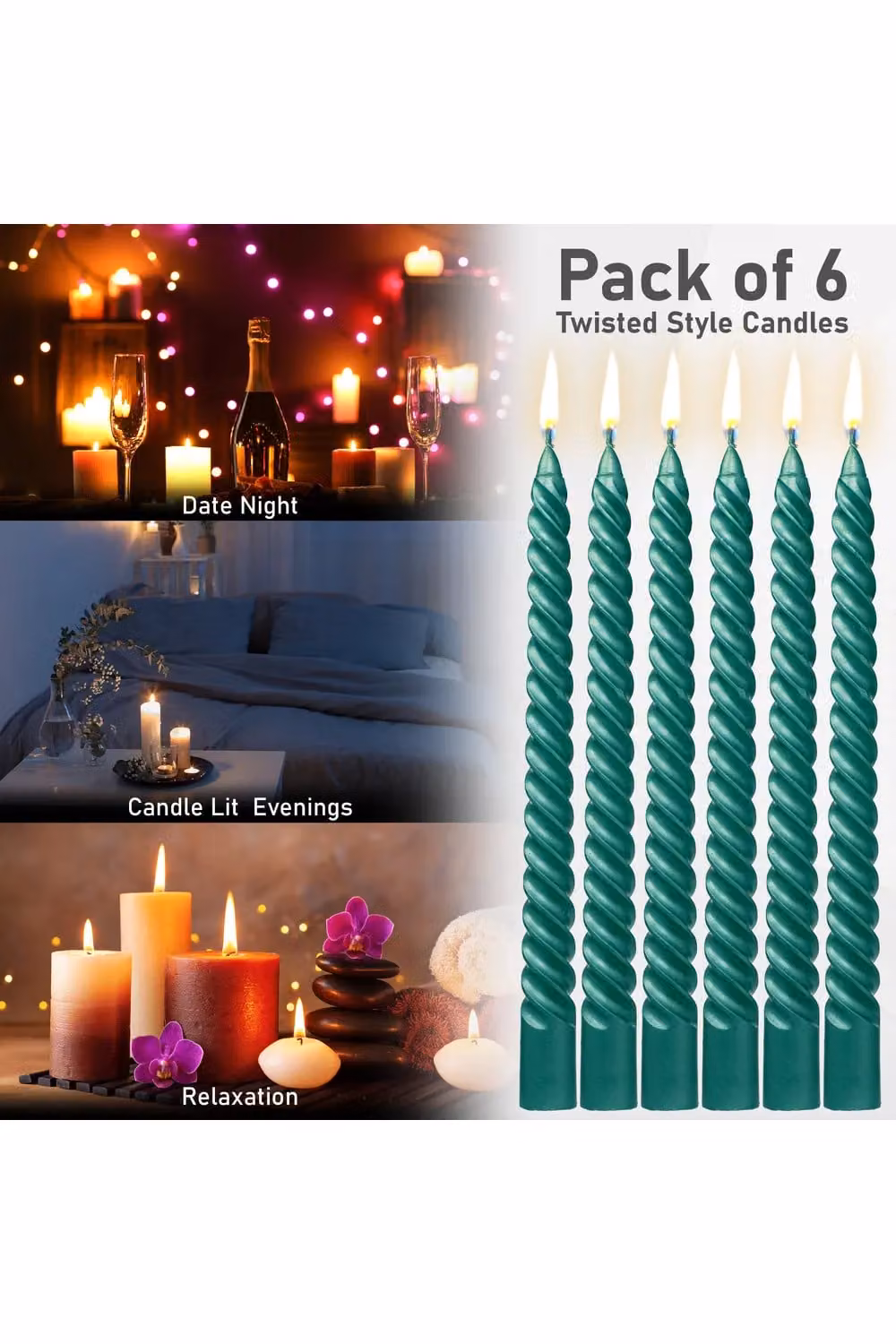 Deco Express Non-Scented Twisted Dinner Candles, Pack of 6, Green – 11