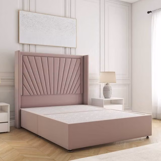 BSSPOKE Alina King Divan Bed with 54 inch Plush Velvet Headboard in Pink, W/D/H: 180 x 200 cm