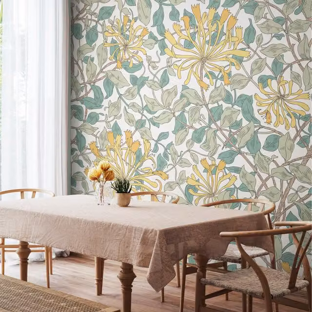 Origin Murals Honeysuckle Art Nouveau Floral Wall Mural in Blue and Multicolour