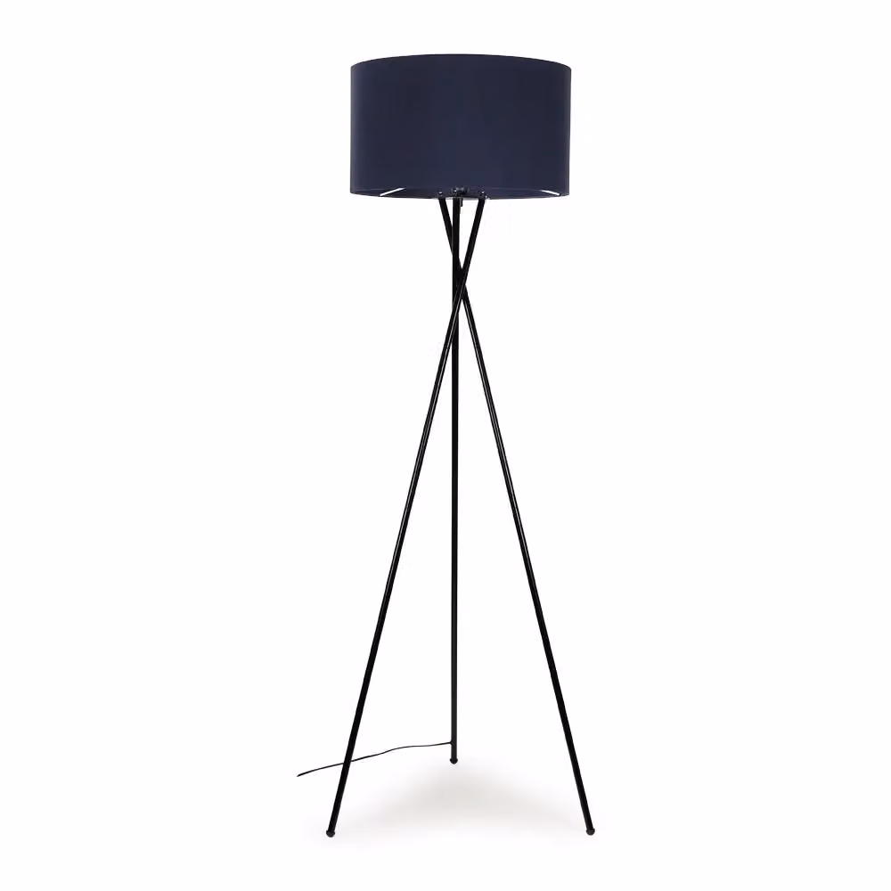 ValueLights Camden Black Metal Tripod Floor Lamp with Navy Blue Fabric Drum Shade, H 154 cm x W 62 cm – 3