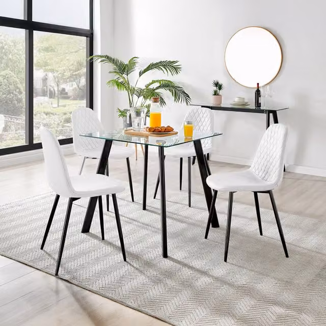 FurnitureboxUK Seattle Square Glass Dining Table and 4 Corona Black Leg Chairs in White
