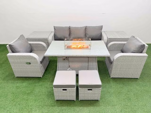 Fimous PE Rattan Garden Furniture Set in Light Grey with Reclining Chairs, Sofa, Firepit, Dining Table, 2 Side Tables and 2 Stools