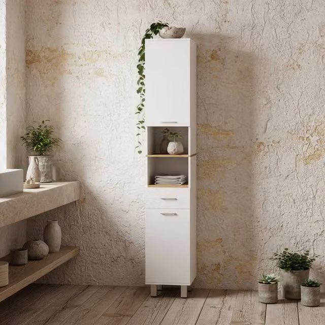 Wyld Haus Tall Slim High Gloss White Storage Cabinet with Drawers, Shelves and Double Doors