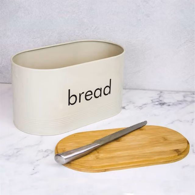 Maison & White Kitchen Bread Bin with Bamboo Chopping Board Lid in Beige