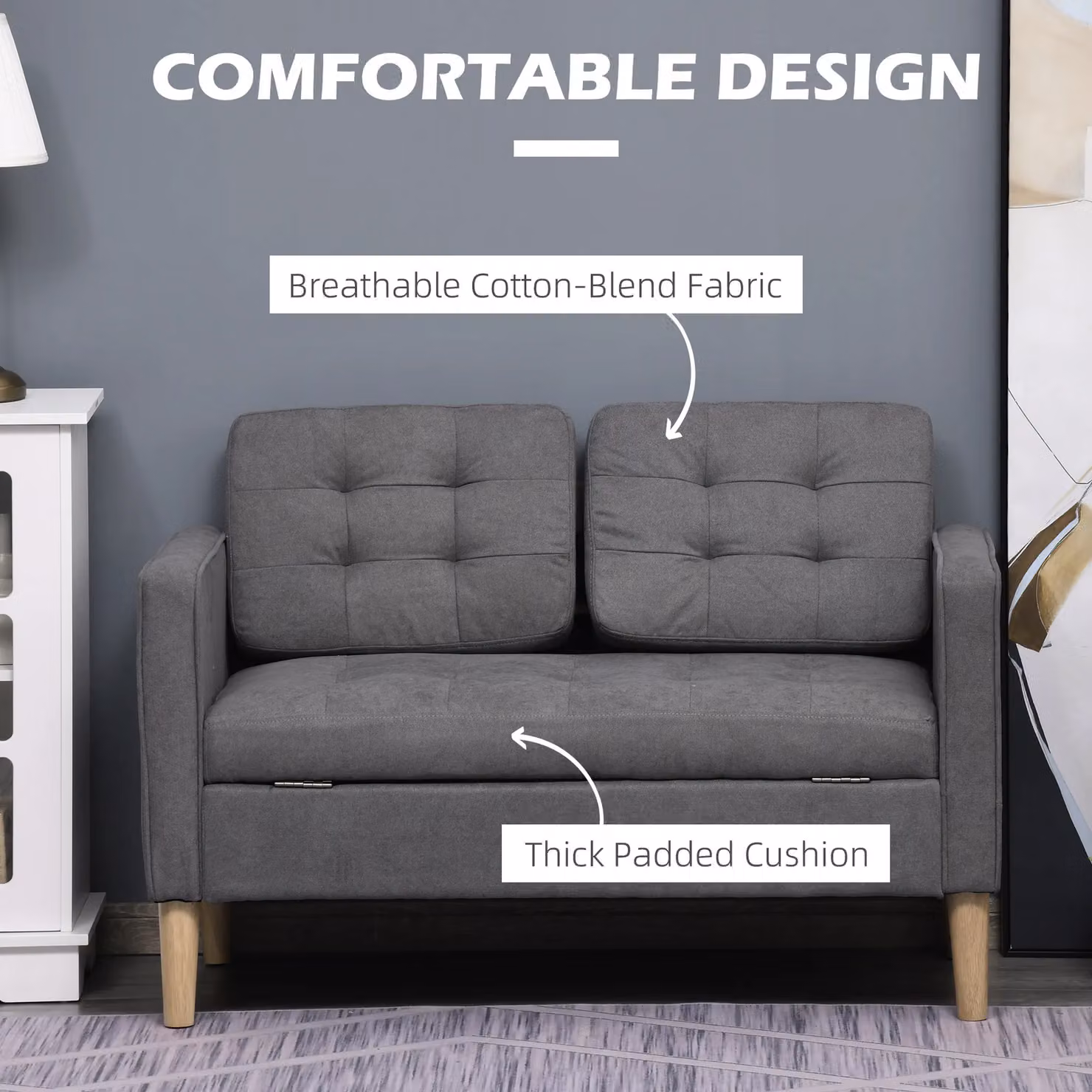 HOMCOM Modern 2 Seater Sofa with Hidden Storage and Wood Legs, Grey, W: 117 cm – 4