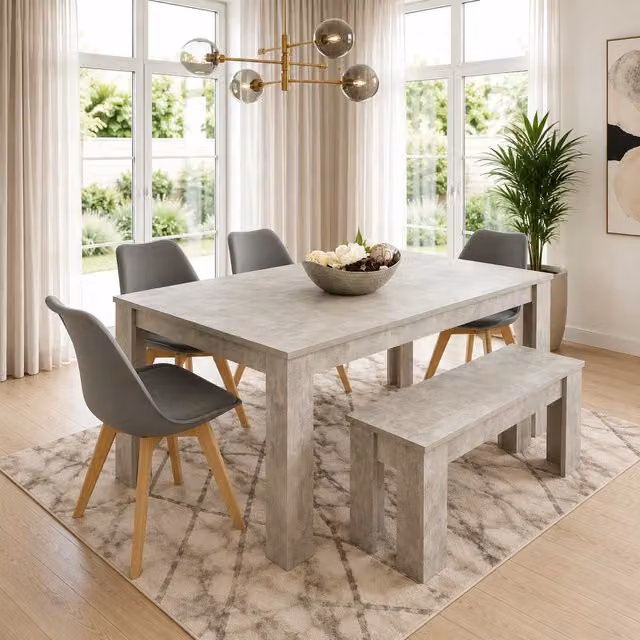 Kosy Koala Modern Stone Effect Dining Set with Rectangular Table, 4 Chairs and Bench in Grey and White