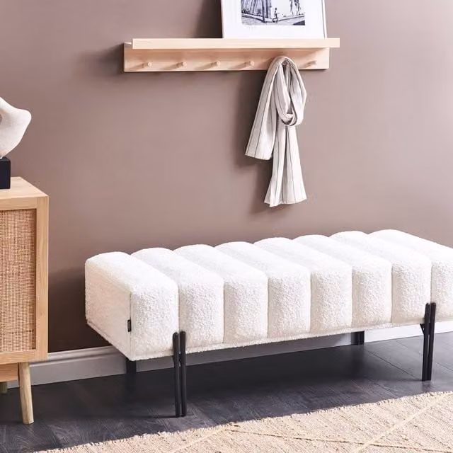 Wyld and Coco Off White Boucle Fabric Bench with Slim Metal Legs W: 125 cm, D: 49 cm, H: 44 cm – 1