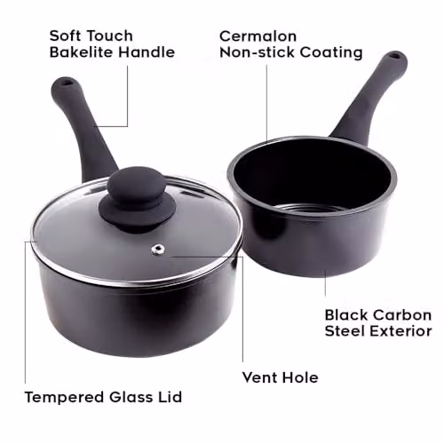 Cermalon 5-Piece Black Carbon Steel Cookware Set with Non-Stick Ceramic Coating – 4