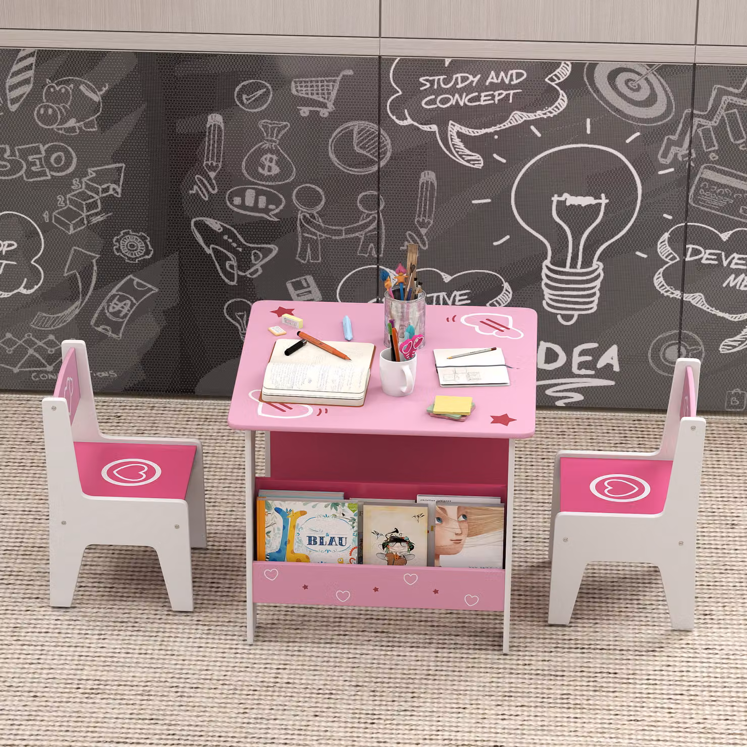 AIYAPLAY 3 Piece Kids Table and Chair Set with Bookshelves in Pink – 4