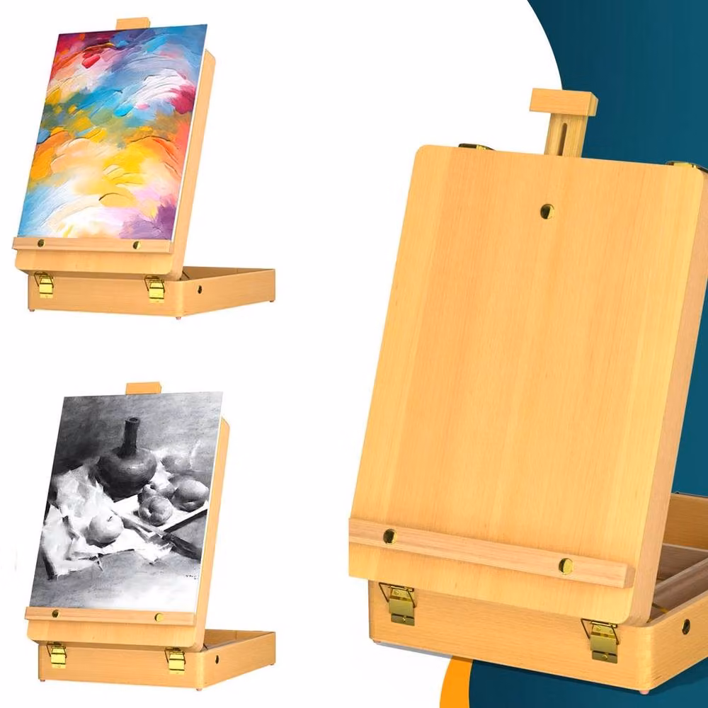 FLAVORA Wood Tabletop Sketchbox Easel with Art Storage Drawers in Natural Brown, W: 50 cm, D: 50 cm, H: 50 cm – 3