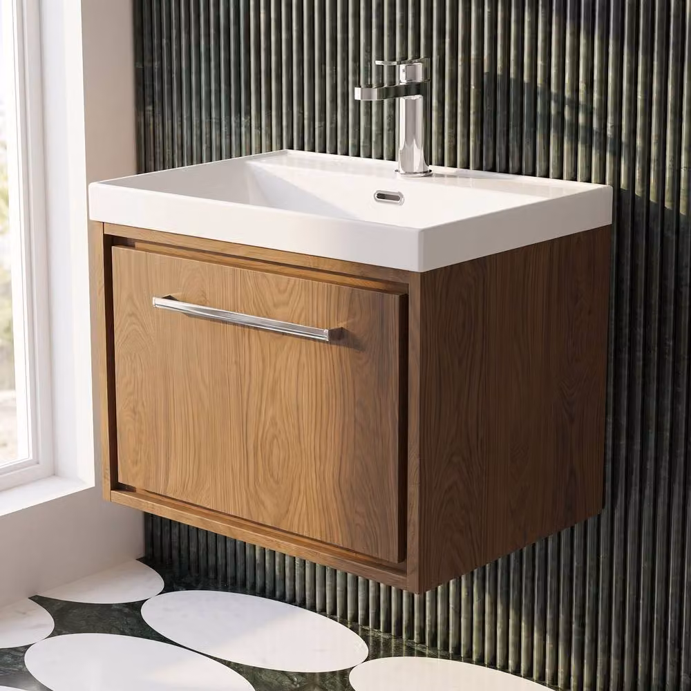 Balterley Modern Wall Mounted Single Drawer Bathroom Vanity Unit with Basin in Antique Oak Brown, W/D/H: 61.0 x 46.0 x 48.1 cm – 3