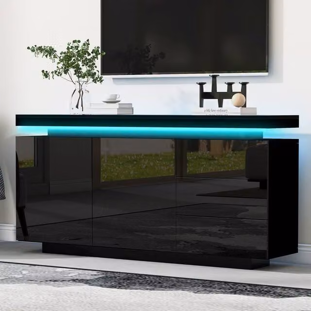 Merax Modern High Gloss LED Sideboard Cabinet in Black with 3 Drawers and 2 Doors
