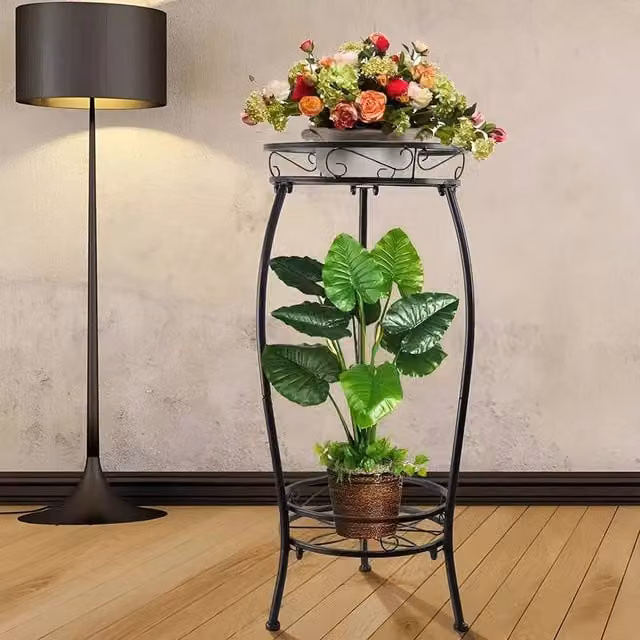 KORVIXA 2 Tier Metal Plant Stand in Black for your Living Room, Height: 100 cm